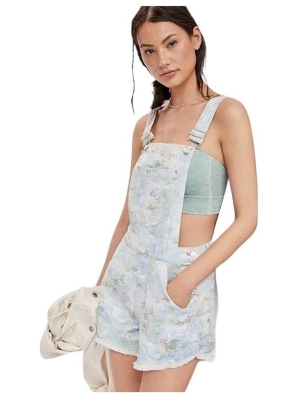 Anthropologie Pastel Floral Light Blue Denim Short Overalls